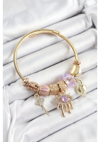 316L Çelik Mor Zirkon Taşlı Kilit Göz ve Anahtar Model Gold Renk Charm Bileklik - Cool Stil