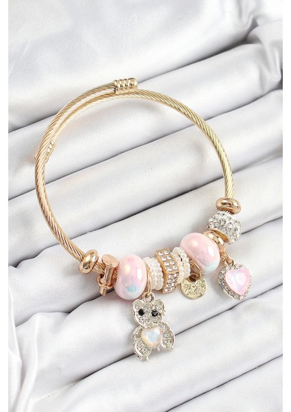 316L Çelik Pembe Zirkon Taşlı Ayıcık ve Kalp Model Gold Renk Charm Bileklik - Zarif Tasarım