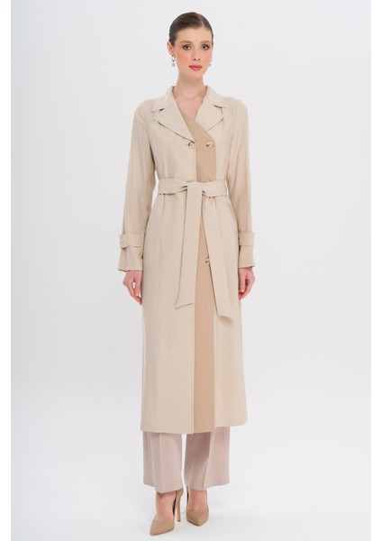 Garni Detaylı Kruvaze Astarsız Modal Trençkot Taş 6734