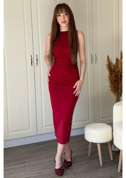 Kadın Sıfır Kol Sıfır Yaka Drape Detaylı Midi Janjan Krep Elbise