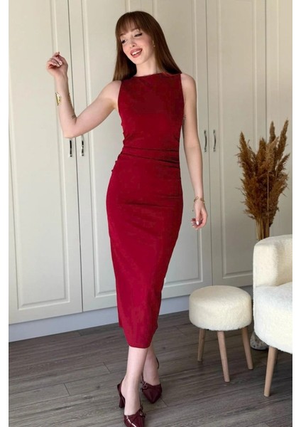 Kadın Sıfır Kol Sıfır Yaka Drape Detaylı Midi Janjan Krep Elbise modelleri