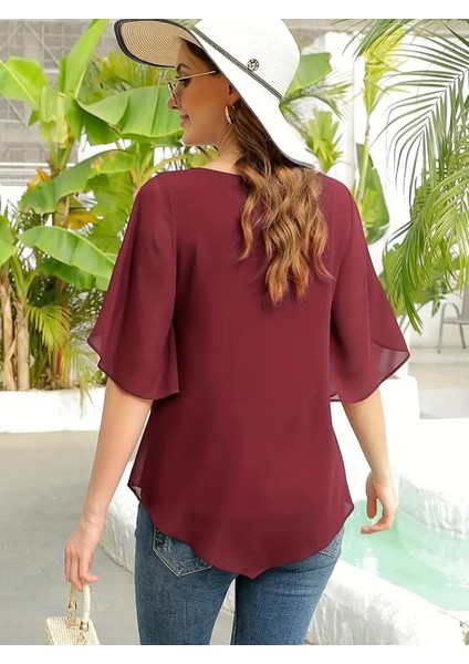 Kadın Kısa Yırtmaç Kollu Yuvarlak Yaka Şifon Bluz fiyatları