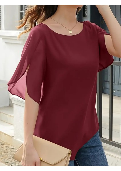Kadın Kısa Yırtmaç Kollu Yuvarlak Yaka Şifon Bluz modelleri