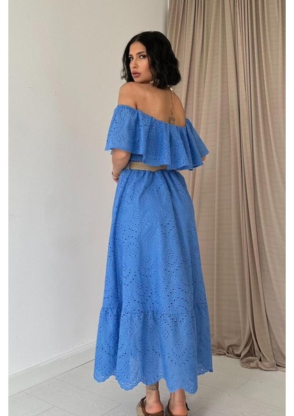 Bebe Mavi Omzu Lastikli Brode Elbise fırsatları