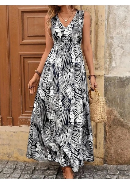 Kadın Askılı V Yakalı Belden Bağcıklı Geniş Kesim Desenli Süprem Elbise modelleri