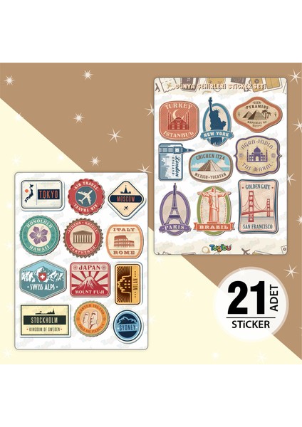 Dünya Şehirleri Sticker Seti, Travel Sticker Seti, 21 Adet Şehir Temalı Etiket