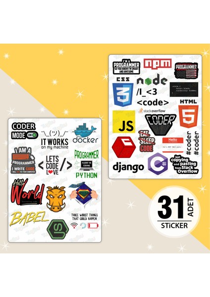Yazılım Sticker Seti, Kodlama Temalı Sticker, 31 Adet Coder Sticker, Yazılımcı Etiket Seti
