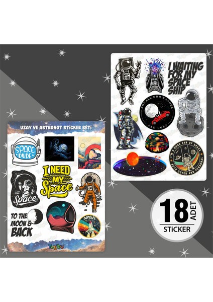 Astronot Sticker Seti, Uzay Temalı Sticker Seti, 18 Adet Astronot Etiket