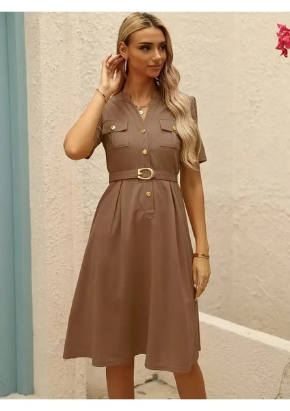 Aknbutik Kadın Kısa Kollu Düğmeli ve Kemerli Atlas Elbise fırsatları