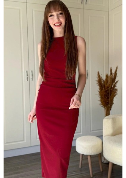 Kadın Sıfır Kol Sıfır Yaka Drape Detaylı Midi Janjan Krep Elbise fırsatları