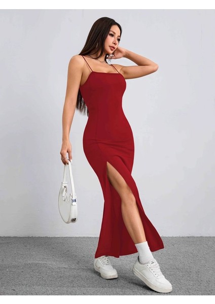 Kadın Ip Askılı Yandan Yırtmaçlı Janjan Krep Elbise