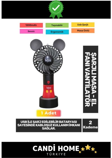 Sessiz 2 Kademe Kablosuz Taşınabilir USB El Fanı, Pervaneli, Siyah