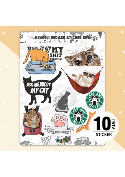 Kedi Sticker Seti, Sevimli Kediler Sticker Seti, 10 Adet Kedi Etiket