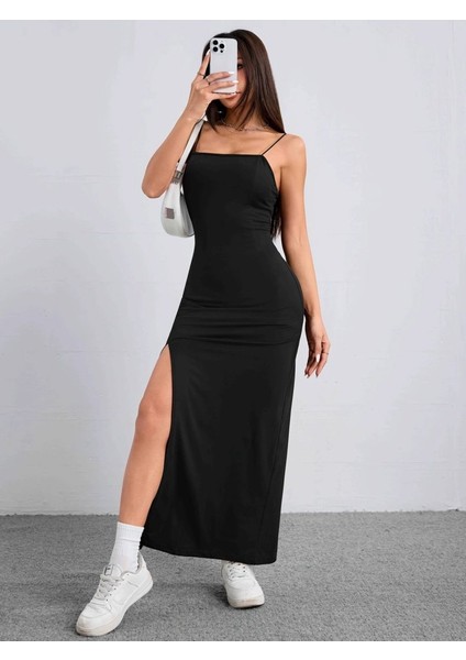 Kadın Ip Askılı Yandan Yırtmaçlı Janjan Krep Elbise