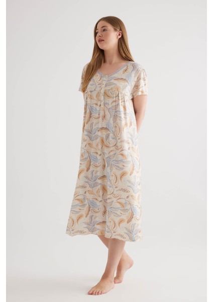 Kadın Plus Size Viscose V Yaka Patlı Kısa Kollu Gecelik