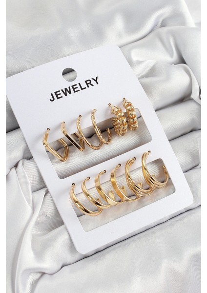 Pirinç Karışık Halka Model Gold Renk 6 Çift Kadın Küpe Set - Şık Tasarım