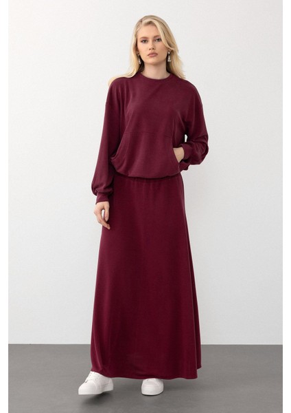 Oversize Premium Kumaş Sweat Etekli Takım Bordo 7011-TK