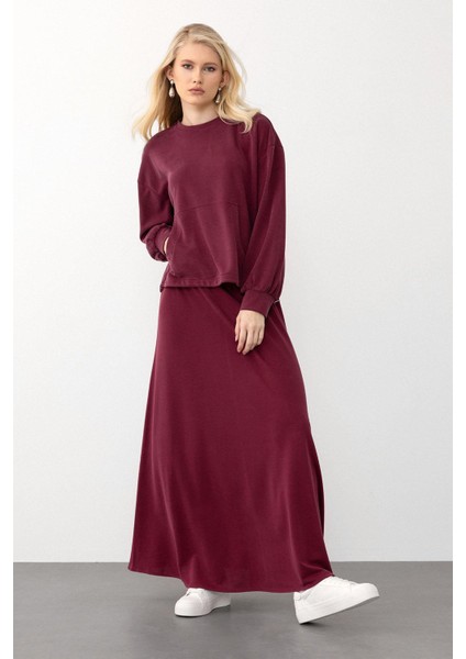 Oversize Premium Kumaş Sweat Etekli Takım Bordo 7011-TK fiyatları