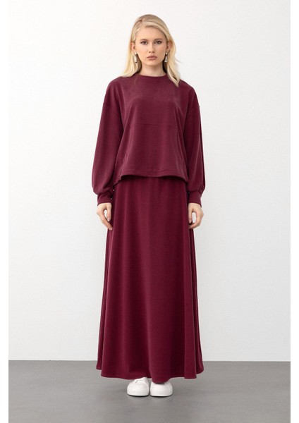 Oversize Premium Kumaş Sweat Etekli Takım Bordo 7011-TK fırsatları