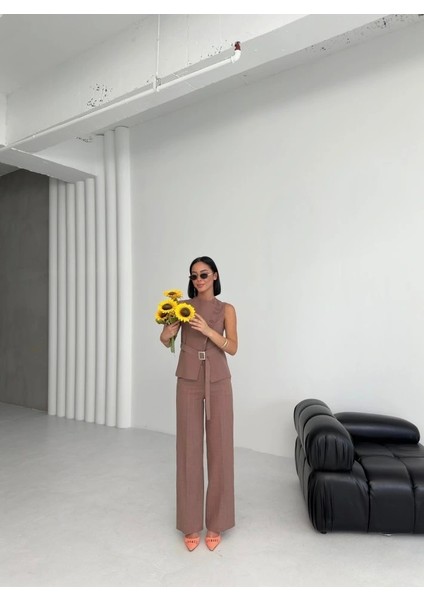 Ti̇na Asi̇metri̇k Keten Yelek Pantolon Takim