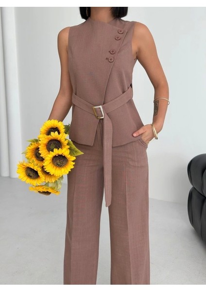 Ti̇na Asi̇metri̇k Keten Yelek Pantolon Takim modelleri