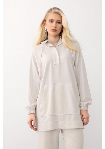 Kapüşonlu Premium Kumaş Sweat Pantolon Takım Krem 7079-TK modelleri
