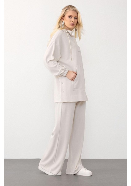 Kapüşonlu Premium Kumaş Sweat Pantolon Takım Krem 7079-TK fırsatları