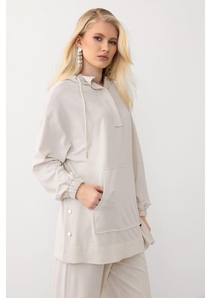 Kapüşonlu Premium Kumaş Sweat Pantolon Takım Krem 7079-TK indirimleri