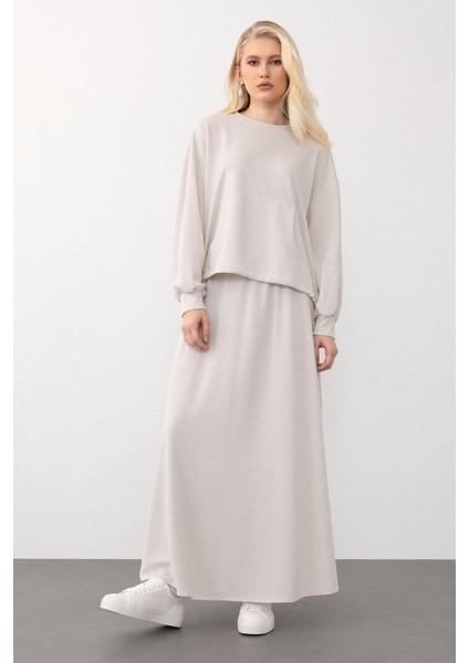 Oversize Premium Kumaş Sweat Etekli Takım Krem 7011-TK