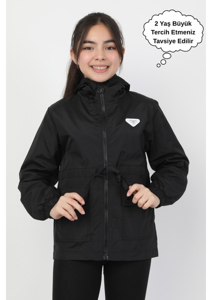 Kız Çocuk Kapüşonlu Cepli Astarlı Cepli Mevsimlik Yağmurluk