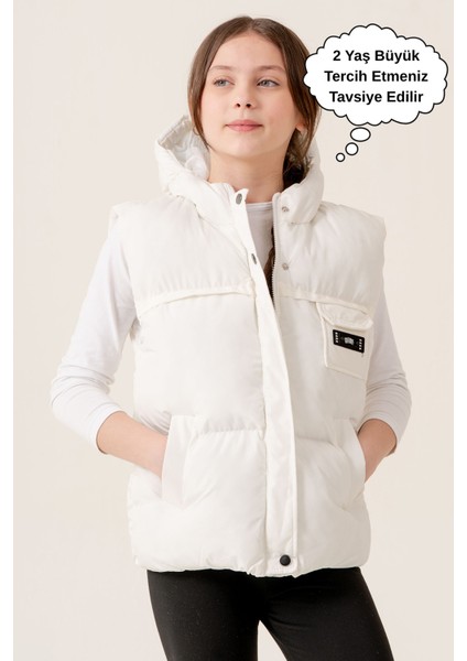 Kız Çocuk Kapüşonlu Cepli Astarlı Mevsimlik Şişme Yelek