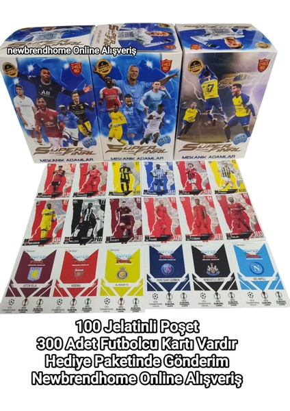 Devler Ligi Futbolcu Kartı Seti - 100 Jelatinli Poşet | 300 Adet Kart + Mini Sürpriz Oyuncak + Hediye Paketli Süper Adamlar