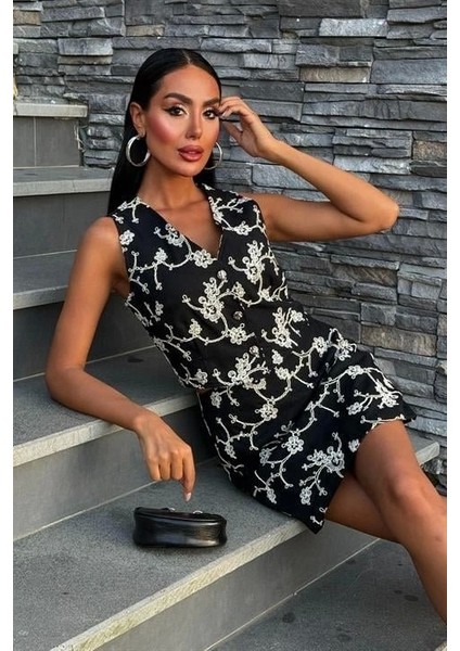 Nakışlı Yelek Şort Etekli Keten Takım 10226-08 indirimleri