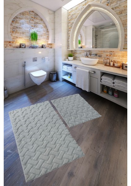 Desenli Tavşan Tüyü Yumuşak 2’li Banyo Paspası – Kaymaz Tabanlı Klozet Takımı Gri