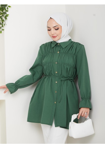 Kadın Düğmeli Bağcık Detaylı Yeşil Gömlek modelleri