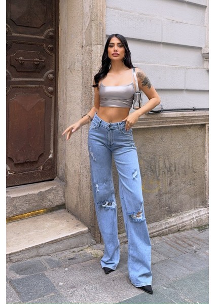 Yüksek Bel Yırtık Detaylı Bol Paça Pantolon - Denim Denim - 28