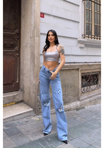Yüksek Bel Yırtık Detaylı Bol Paça Pantolon - Denim Denim - 28 fiyatları