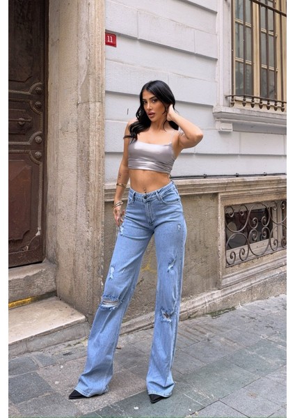 Yüksek Bel Yırtık Detaylı Bol Paça Pantolon - Denim Denim - 28 indirimleri