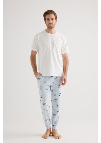 Erkek Pamuklu Kısa Kollu Uzun Pijama Takımı