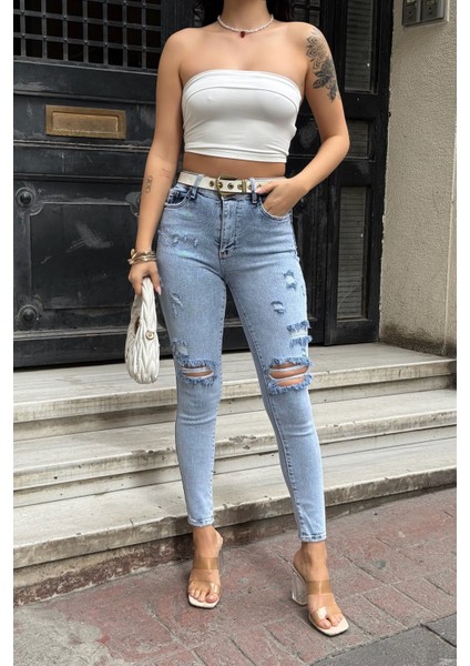 Yüksek Bel Yırtık Detaylı Pantolon - Denim Denim - 30