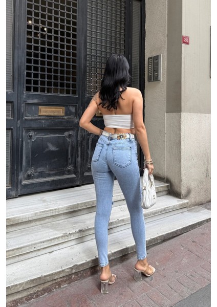 Yüksek Bel Yırtık Detaylı Pantolon - Denim Denim - 30 fiyatları