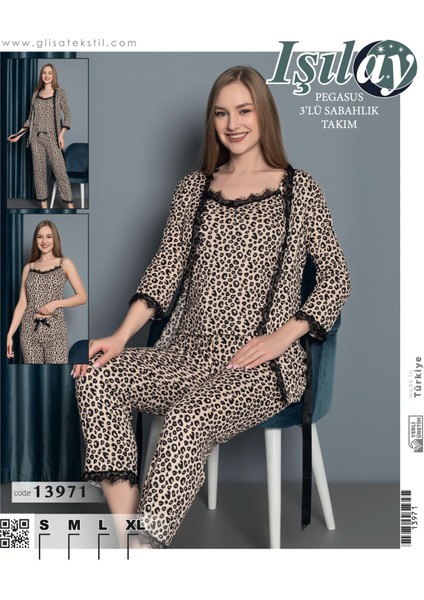 Leopar Desenli 3 Lü Sabahlıklı Pijama Takım