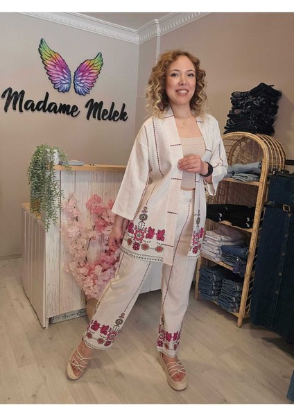 Kadın Bej Keten Çiçek Etnik Desen Kimono Pantolon Ikili Alt Üst Takım