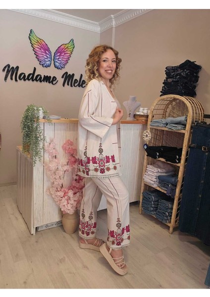 Kadın Bej Keten Çiçek Etnik Desen Kimono Pantolon Ikili Alt Üst Takım modelleri