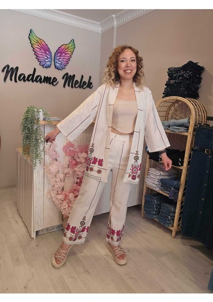 Kadın Bej Keten Çiçek Etnik Desen Kimono Pantolon Ikili Alt Üst Takım indirimleri