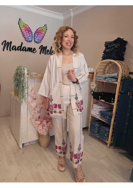 Kadın Bej Keten Çiçek Etnik Desen Kimono Pantolon Ikili Alt Üst Takım