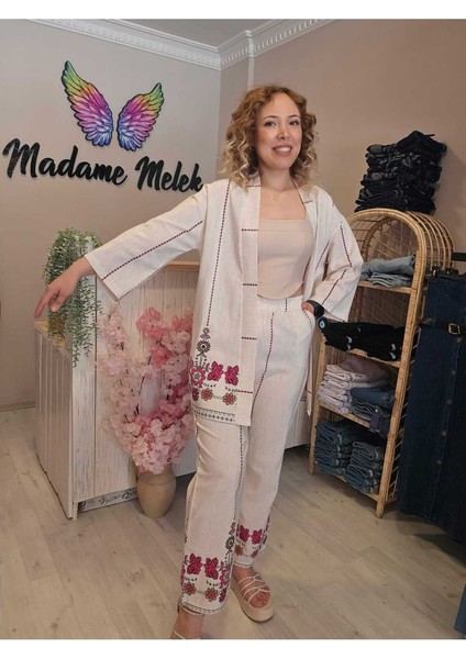 Kadın Bej Keten Çiçek Etnik Desen Kimono Pantolon Ikili Alt Üst Takım