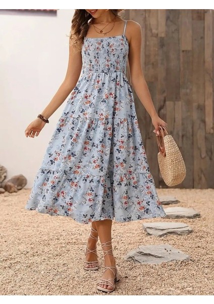 Kadın Ip Askılı Geniş V Yakalı Desenli Uzun Süprem Elbise indirimleri