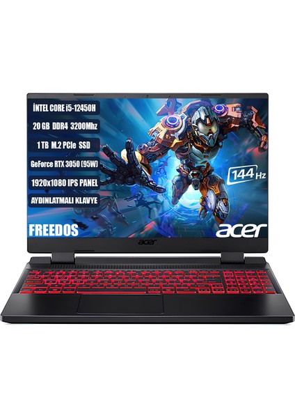 Nitro5 AN515-58 I5-12450H 20GB 1 Tb SSD RTX3050-4GB 15.6''ıps Fhd 144hz Fdos NH.QFJEY.007+201