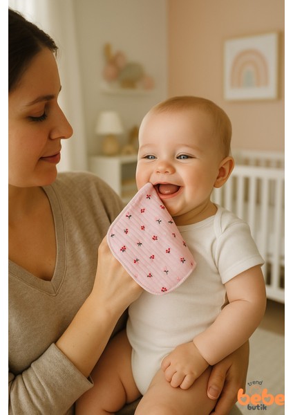 7'li Çiçek Desenli PAMUK Ribana Kumaş Bebek Ağız Mendili Yumuşak ve Emici Ağız Bezi Seti 20X20CM